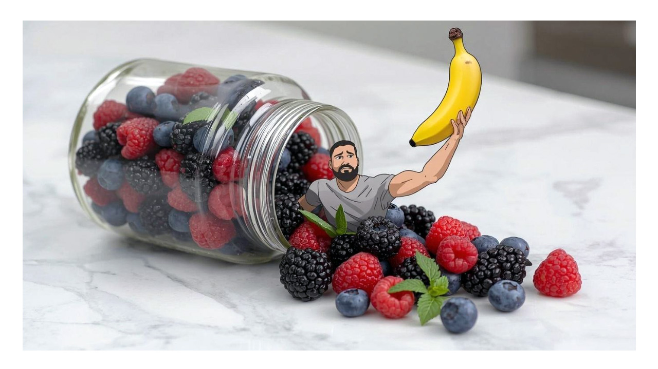 Image of mixed berries surrounding a man holding a banana