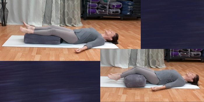 Savasana with elevated knees for relief of back stress and better blood flow. Instructor, Gwenn Jones